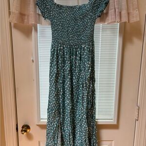 Teal Kids Dress with White Pattern